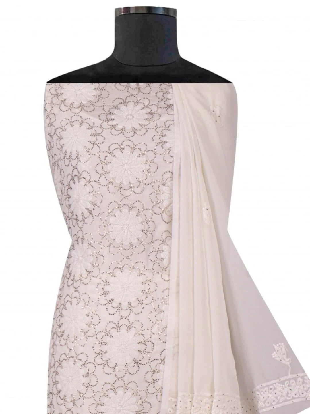 Ada Hand Embroidered Off White Georgette Lucknowi Chikankari Unstitched Kurta Dupatta Set with Muqaish Work A279004