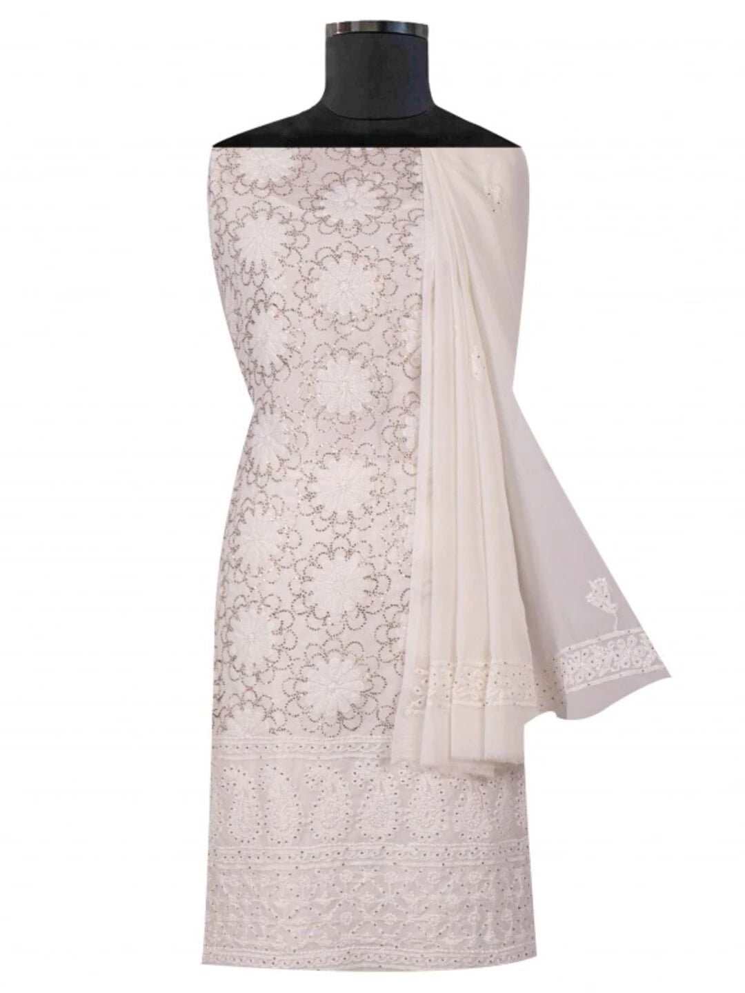 Ada Hand Embroidered Off White Georgette Lucknowi Chikankari Unstitched Kurta Dupatta Set with Muqaish Work A279004