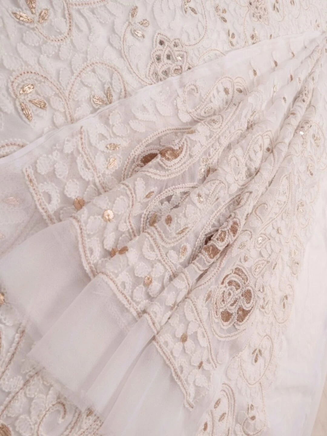 Ada Hand Embroidered White Georgette Lucknowi Chikankari Unstitched Kurta Dupatta Set With Gota Patti Work A576980