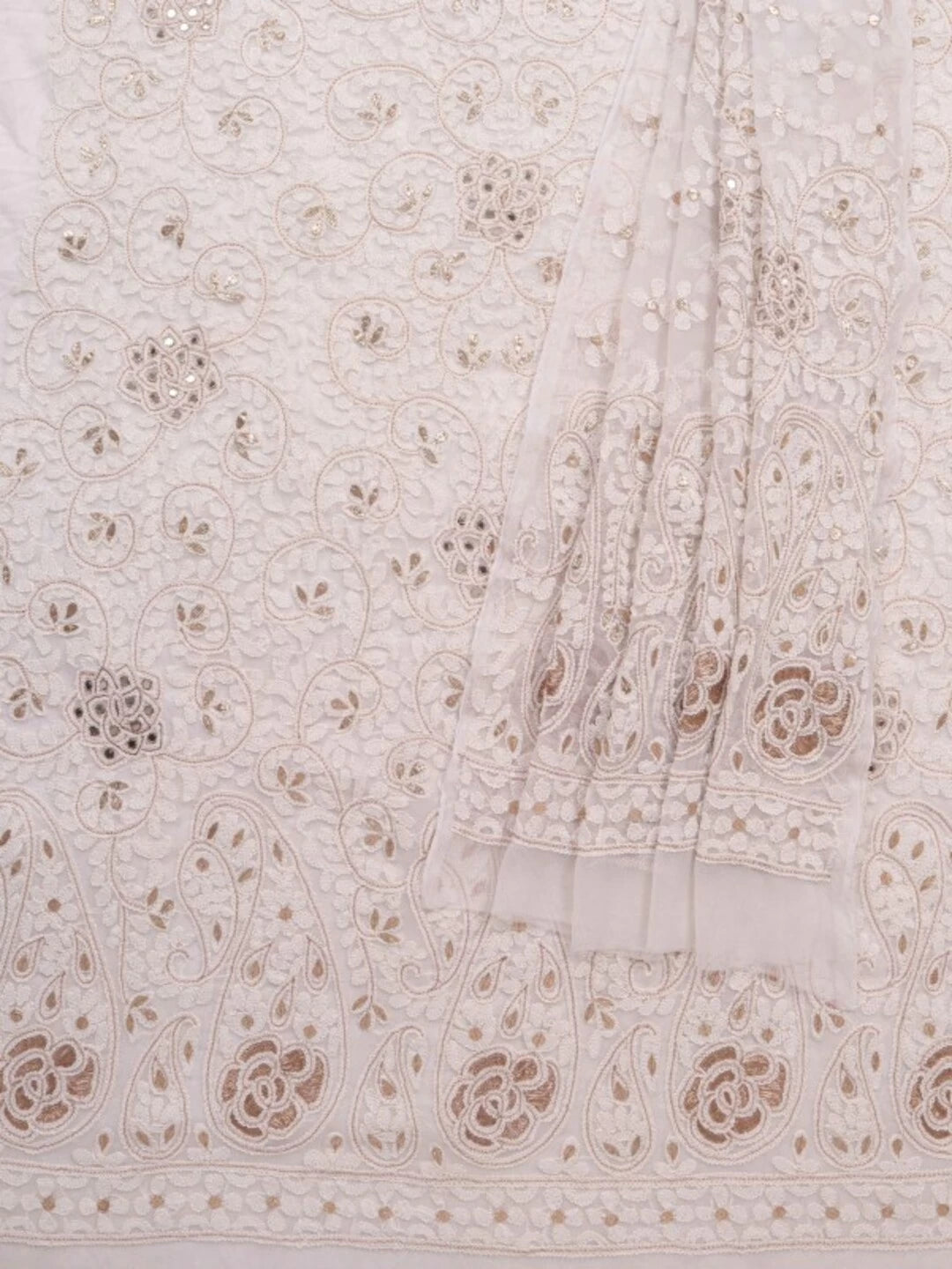 Ada Hand Embroidered White Georgette Lucknowi Chikankari Unstitched Kurta Dupatta Set With Gota Patti Work A576980