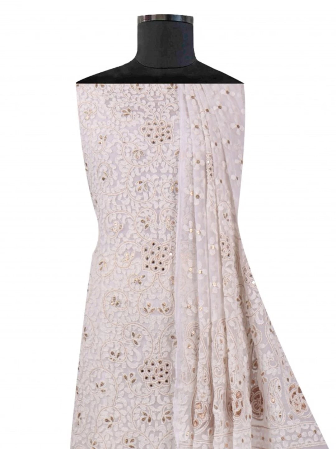 Ada Hand Embroidered White Georgette Lucknowi Chikankari Unstitched Kurta Dupatta Set With Gota Patti Work A576980