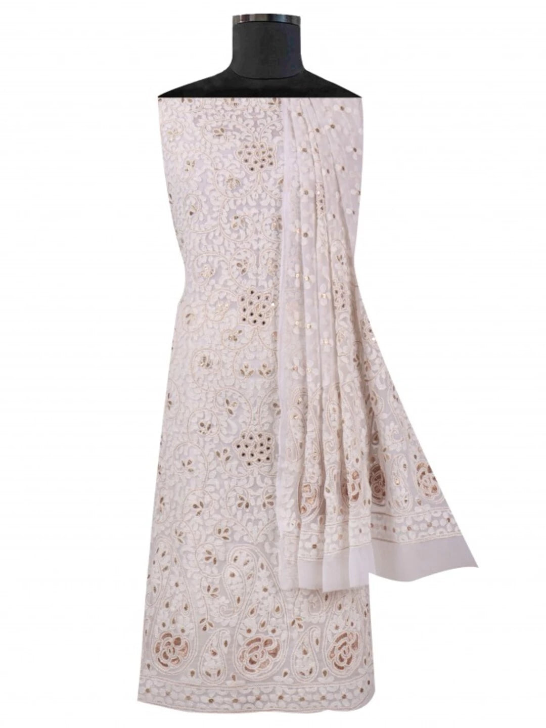 Ada Hand Embroidered White Georgette Lucknowi Chikankari Unstitched Kurta Dupatta Set With Gota Patti Work A576980