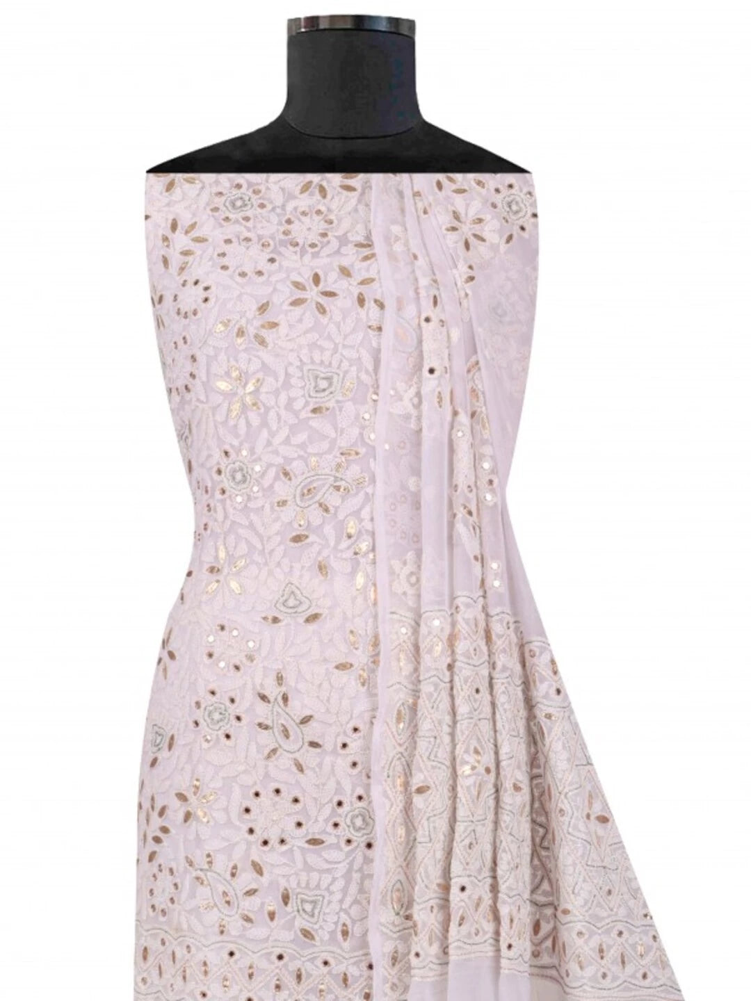 Ada Hand Embroidered White Georgette Lucknowi Chikankari Unstitched Kurta Dupatta Set With Gota Patti Work A406310