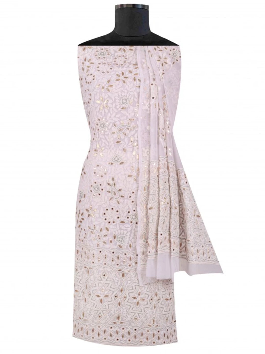 Ada Hand Embroidered White Georgette Lucknowi Chikankari Unstitched Kurta Dupatta Set With Gota Patti Work A406310