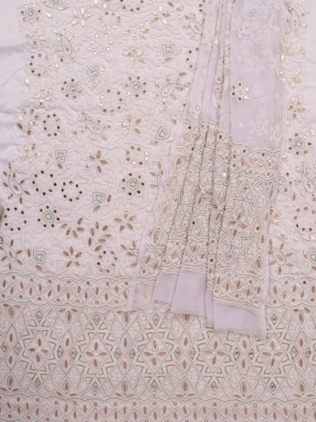 Ada Hand Embroidered White Georgette Lucknowi Chikankari Unstitched Kurta Dupatta Set With Gota Patti Work A406310