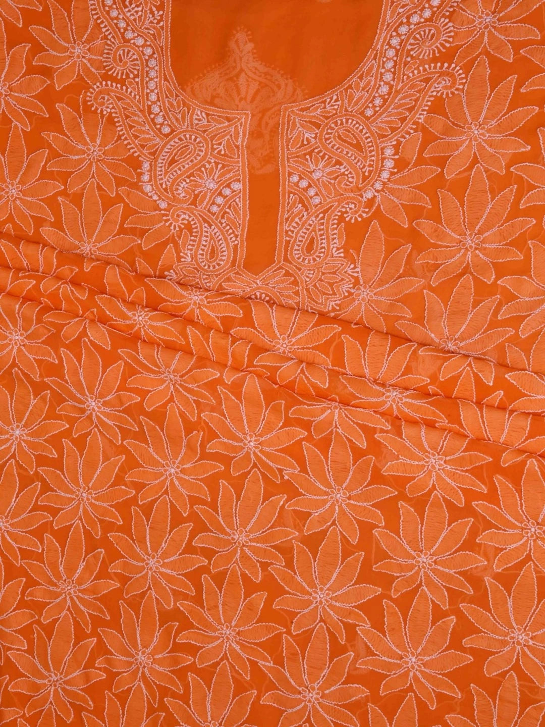 Ada Hand Embroidered Orange Georgette Lucknowi ChikanKari Unstitched Kurta Dupatta Set A333868