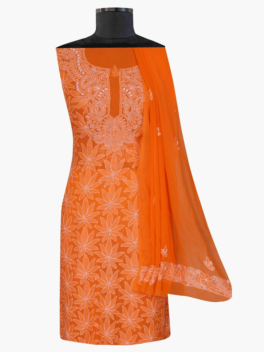 Ada Hand Embroidered Orange Georgette Lucknowi ChikanKari Unstitched Kurta Dupatta Set A333868