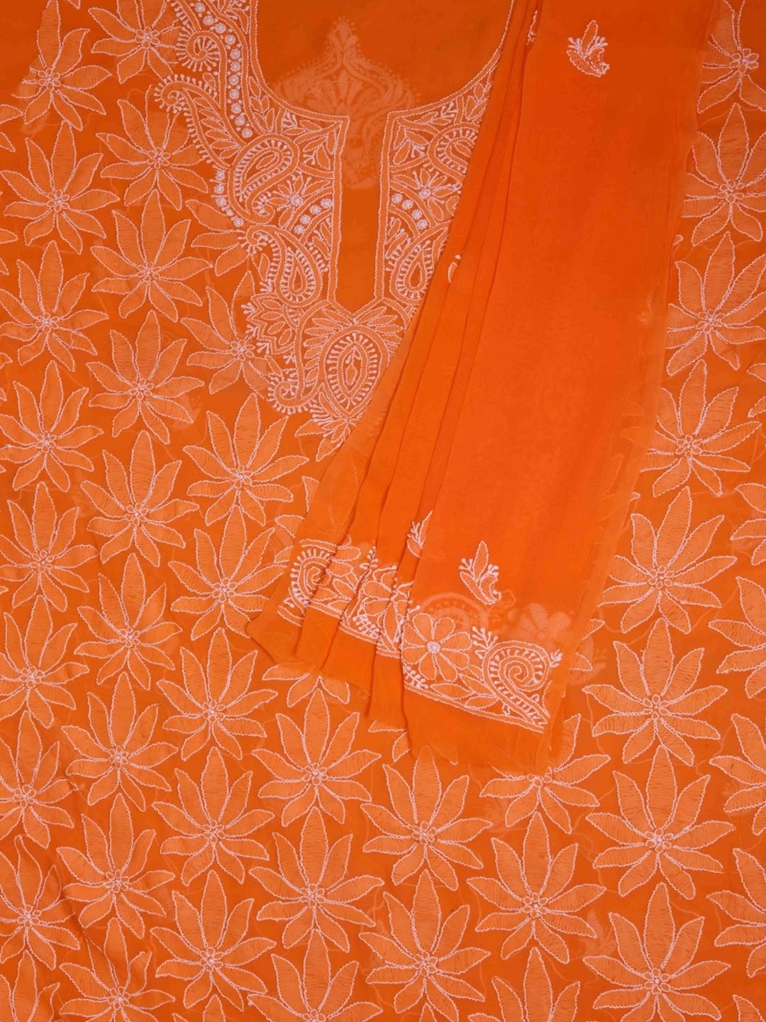 Ada Hand Embroidered Orange Georgette Lucknowi ChikanKari Unstitched Kurta Dupatta Set A333868
