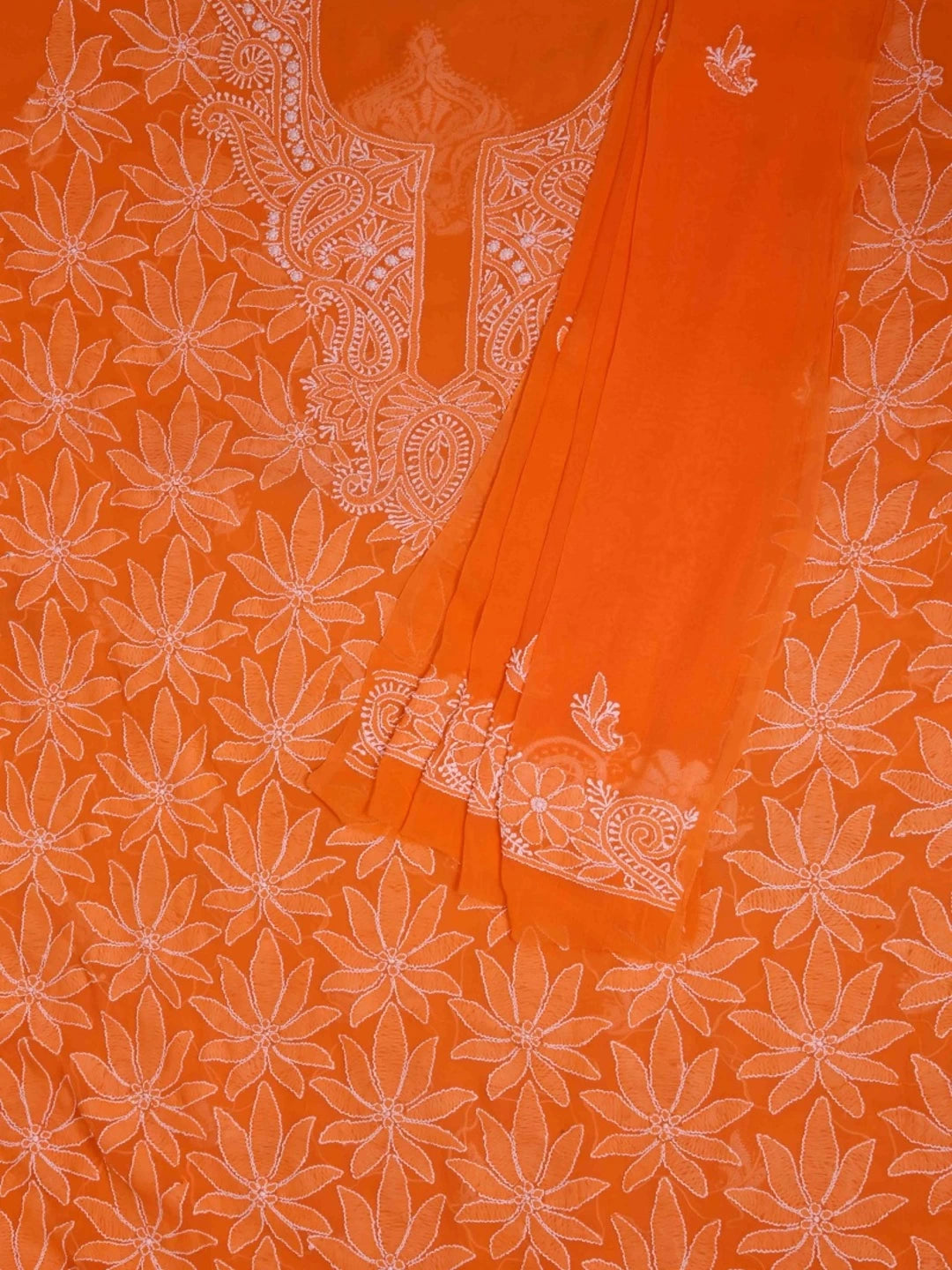 Ada Hand Embroidered Orange Georgette Lucknowi ChikanKari Unstitched Kurta Dupatta Set A333868