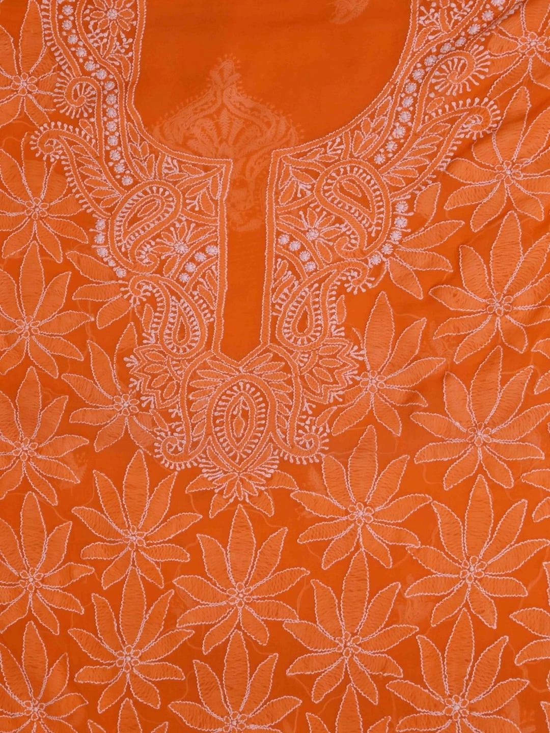 Ada Hand Embroidered Orange Georgette Lucknowi ChikanKari Unstitched Kurta Dupatta Set A333868