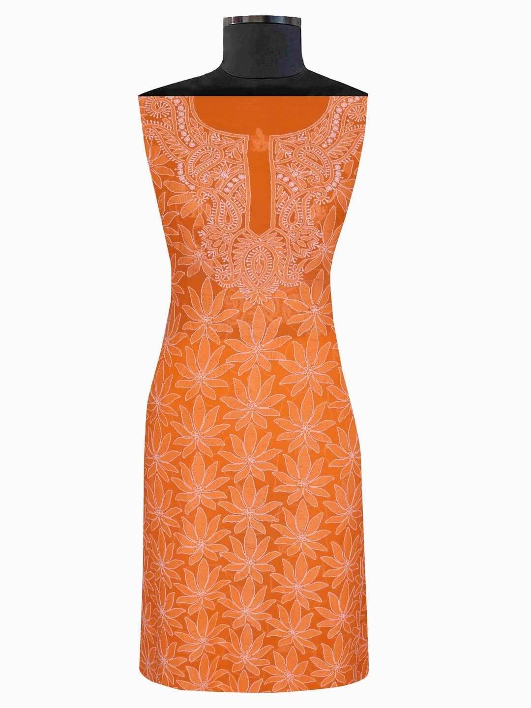 Ada Hand Embroidered Orange Georgette Lucknowi ChikanKari Unstitched Kurta Dupatta Set A333868