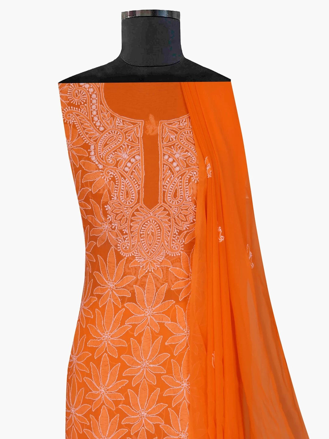 Ada Hand Embroidered Orange Georgette Lucknowi ChikanKari Unstitched Kurta Dupatta Set A333868
