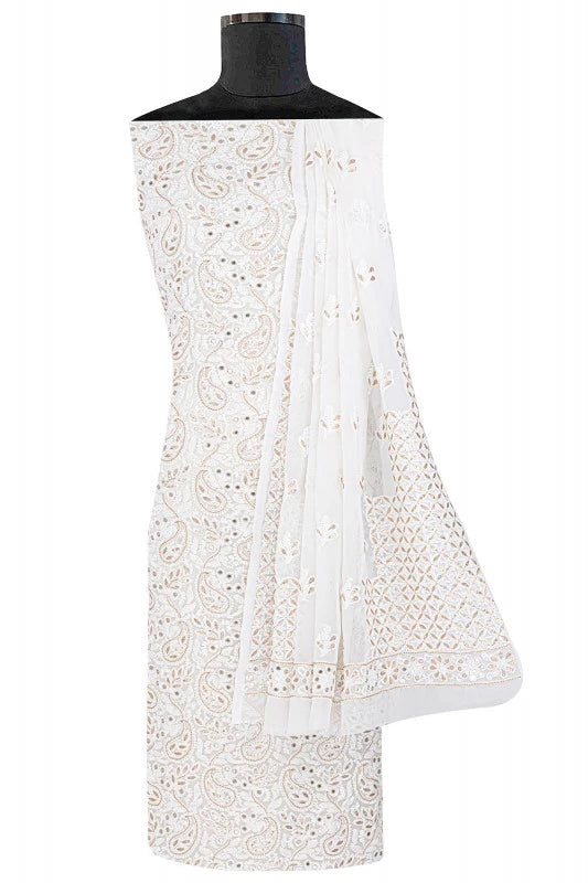 Ada Hand Embroidered White Georgette Lucknowi Chikankari Unstitched Kurta Dupatta Set With Gota Patti Work A590254