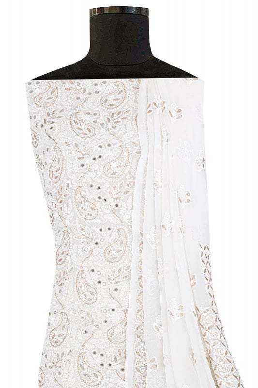 Ada Hand Embroidered White Georgette Lucknowi Chikankari Unstitched Kurta Dupatta Set With Gota Patti Work A590254