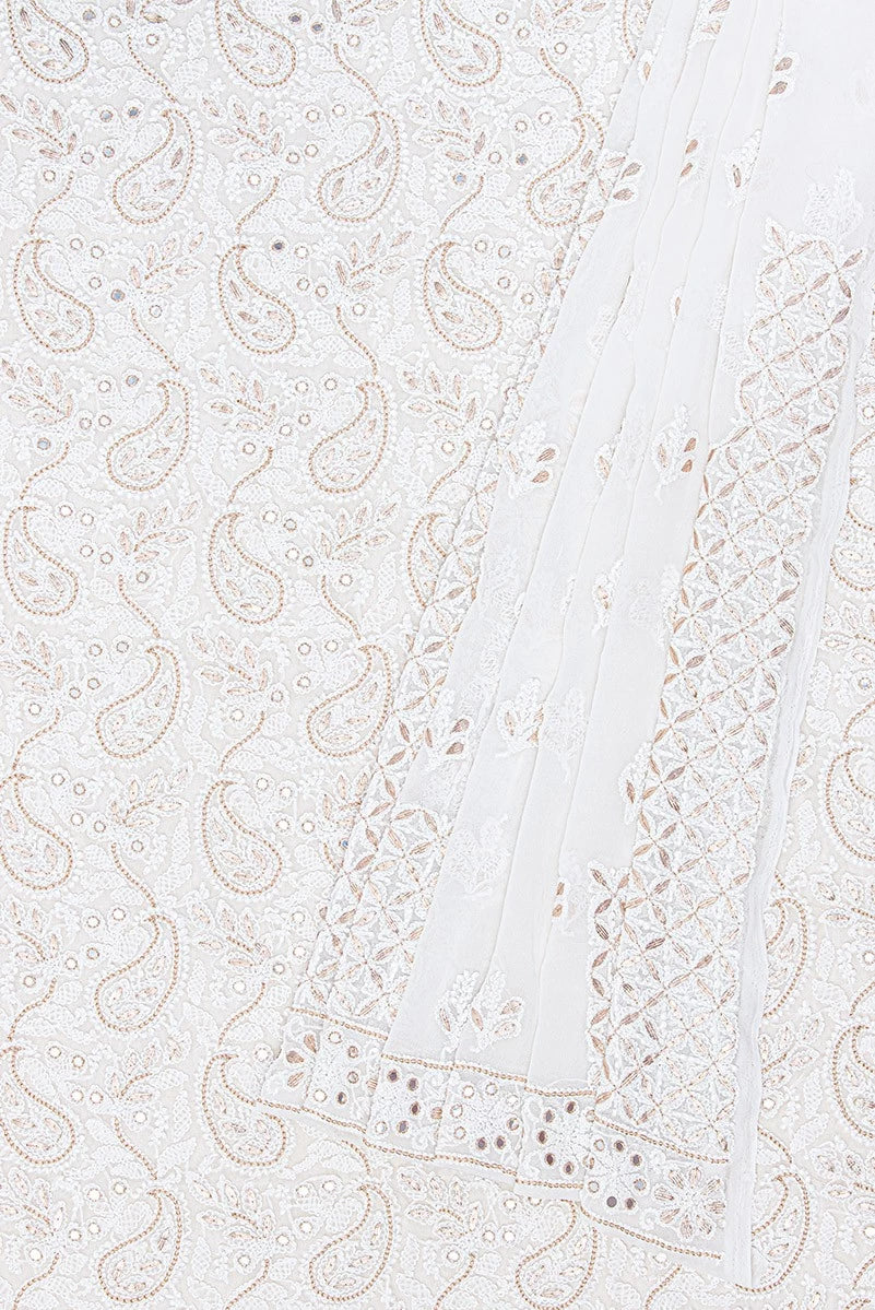Ada Hand Embroidered White Georgette Lucknowi Chikankari Unstitched Kurta Dupatta Set With Gota Patti Work A590254
