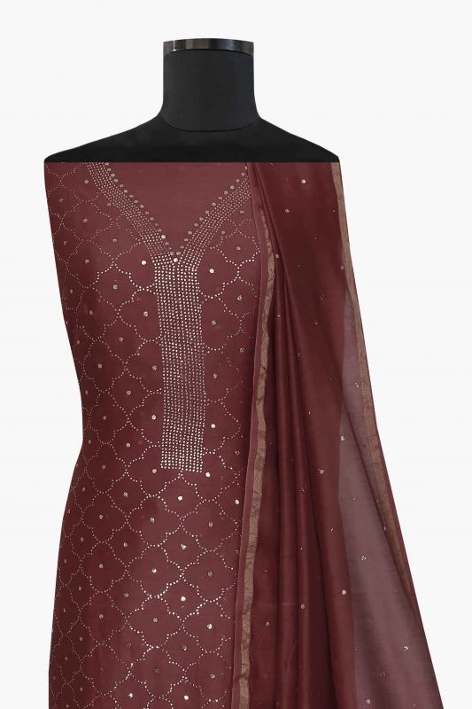 Ada Hand Embroidered Brown Chanderi Lucknowi Chikankari Unstitched Kurta Dupatta Set With Muqaish Work A595596