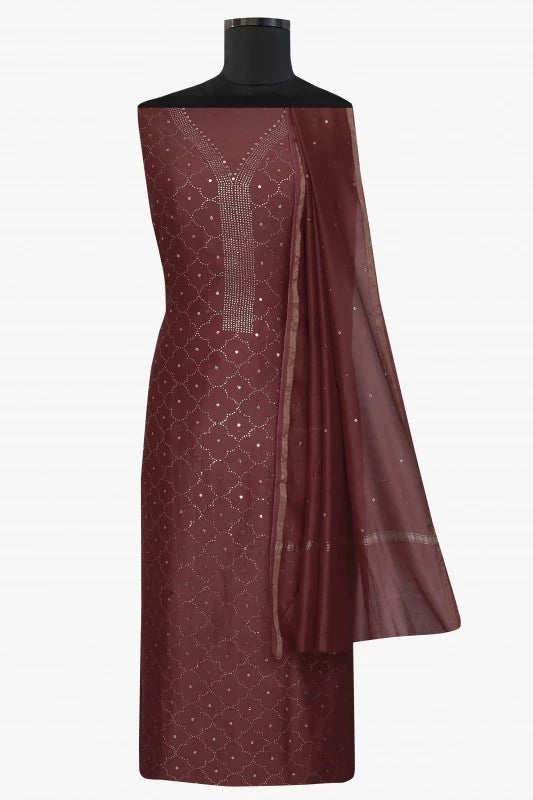 Ada Hand Embroidered Brown Chanderi Lucknowi Chikankari Unstitched Kurta Dupatta Set With Muqaish Work A595596