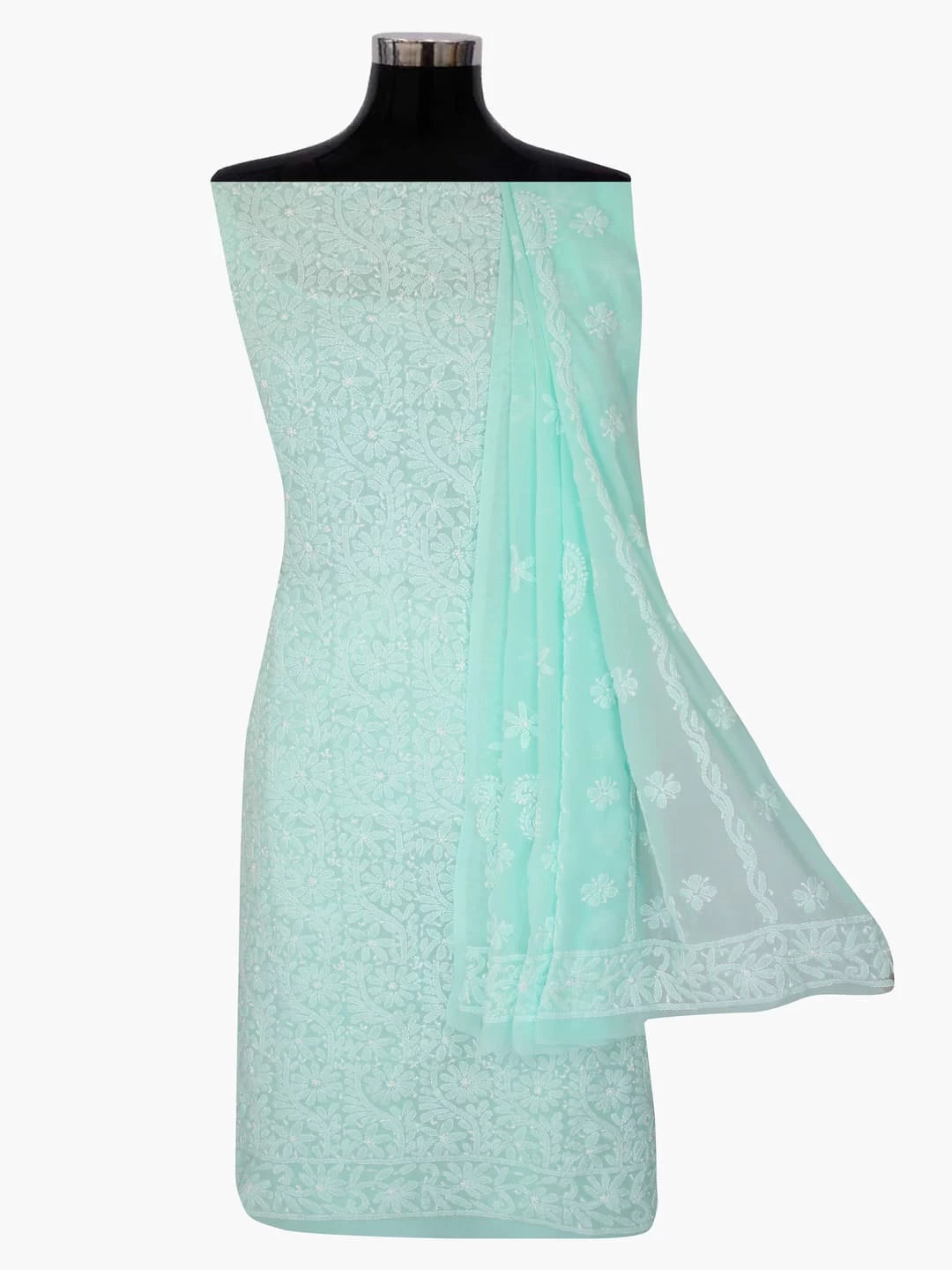Ada Hand Embroidered Sea Green Georgette Lucknowi Chikankari Unstitched Kurta Dupatta Set 01A346878