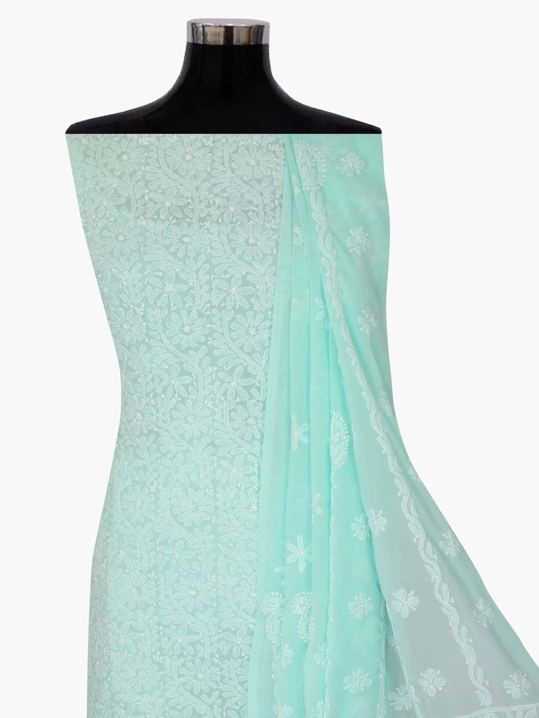 Ada Hand Embroidered Sea Green Georgette Lucknowi Chikankari Unstitched Kurta Dupatta Set 01A346878