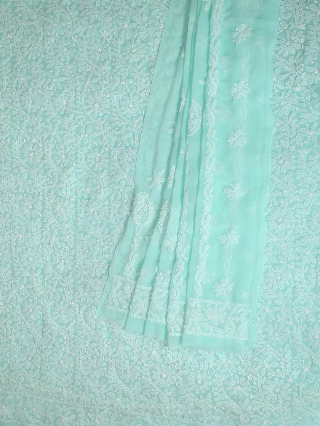 Ada Hand Embroidered Sea Green Georgette Lucknowi Chikankari Unstitched Kurta Dupatta Set 01A346878