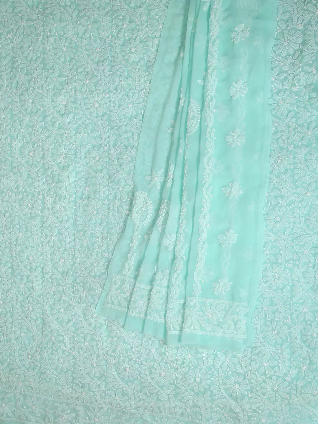Ada Hand Embroidered Sea Green Georgette Lucknowi Chikankari Unstitched Kurta Dupatta Set 01A346878