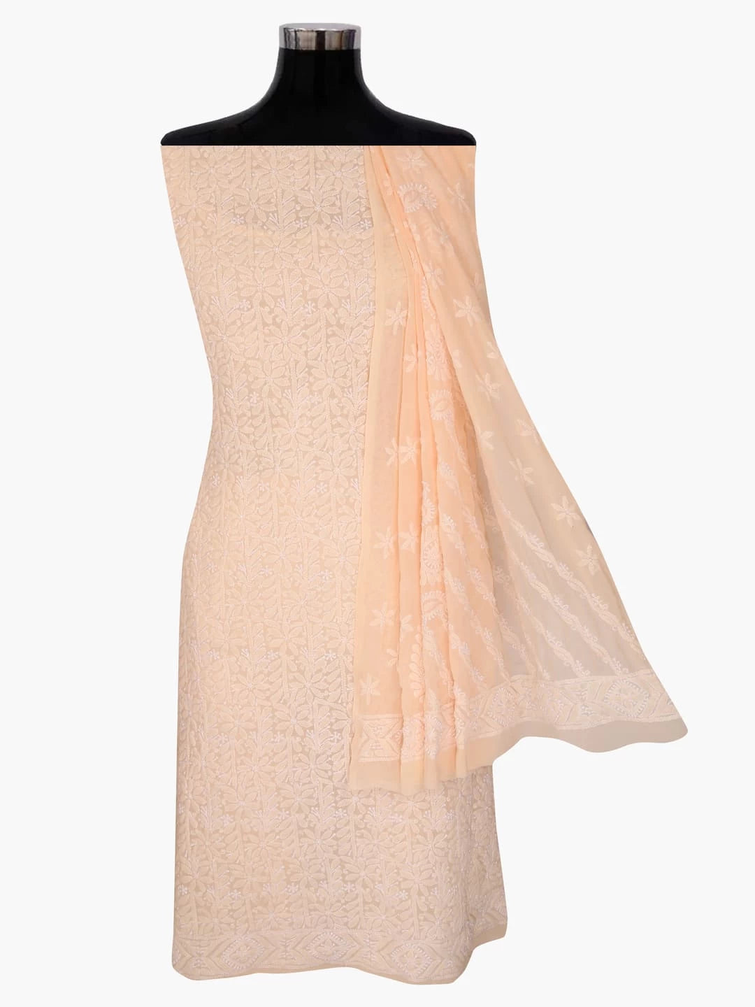 Ada Hand Embroidered Peach Georgette Lucknowi Chikankari Unstitched Kurta Dupatta Set 01A346871