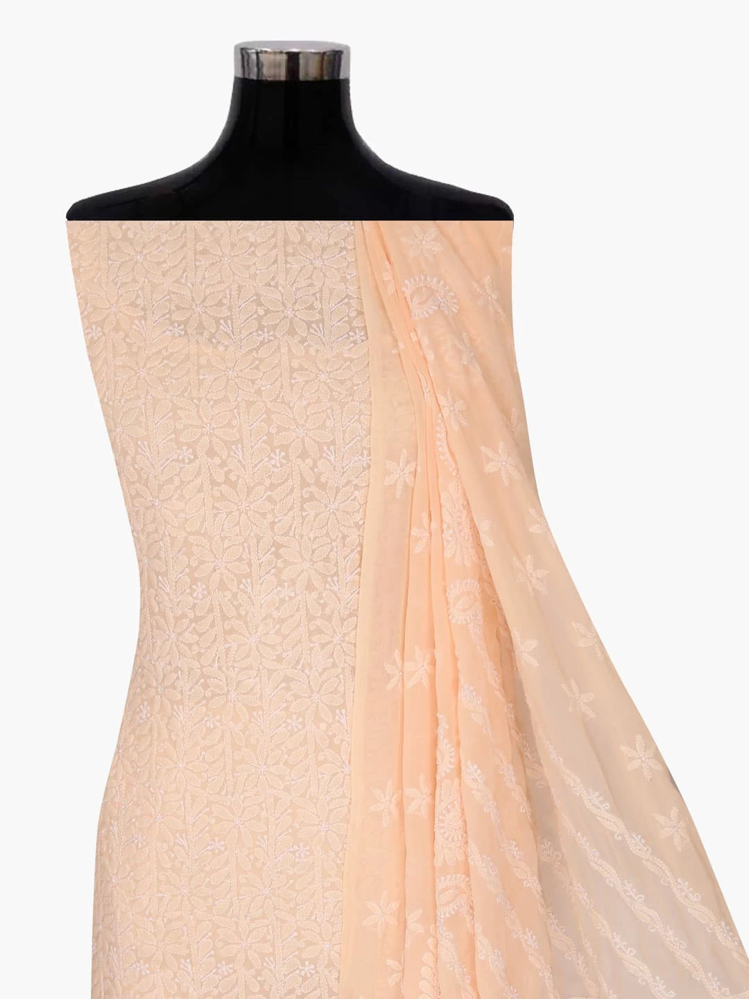 Ada Hand Embroidered Peach Georgette Lucknowi Chikankari Unstitched Kurta Dupatta Set 01A346871