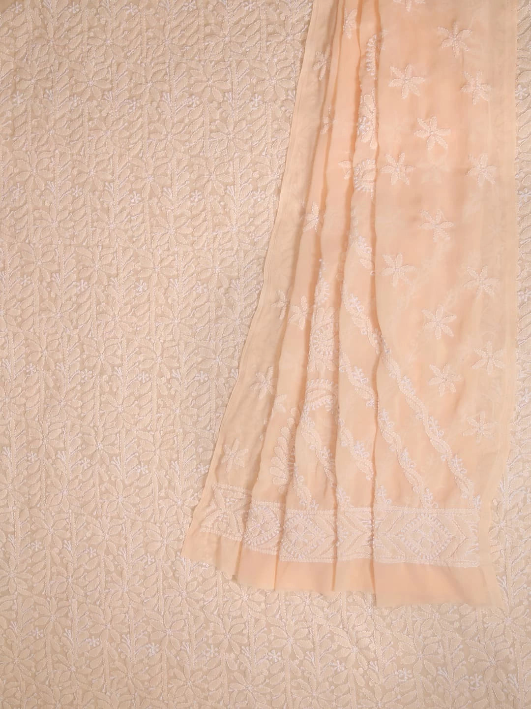 Ada Hand Embroidered Peach Georgette Lucknowi Chikankari Unstitched Kurta Dupatta Set 01A346871