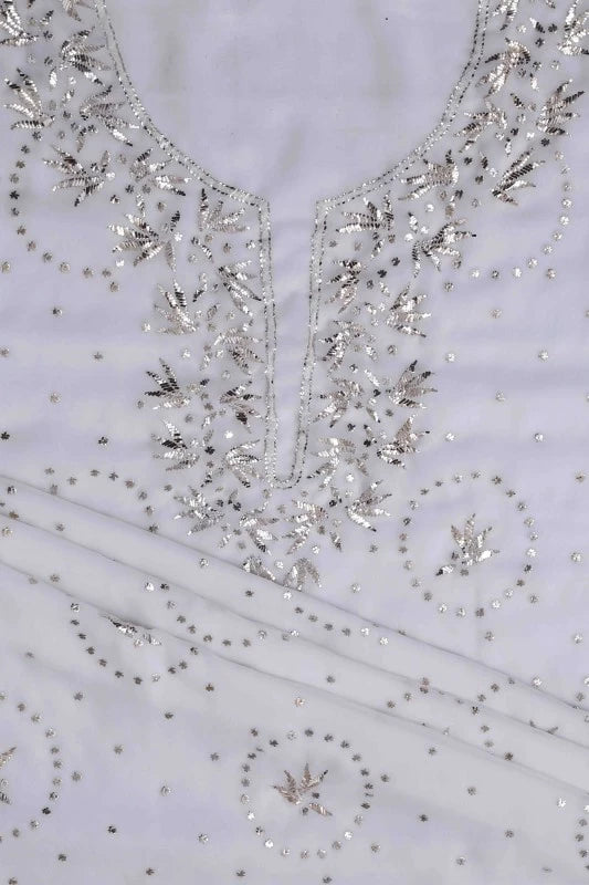 Ada Hand Embroidered White Pure Georgette Lucknowi Chikankari Unstitched Kurta Dupatta Set with Muqaish Work A526494