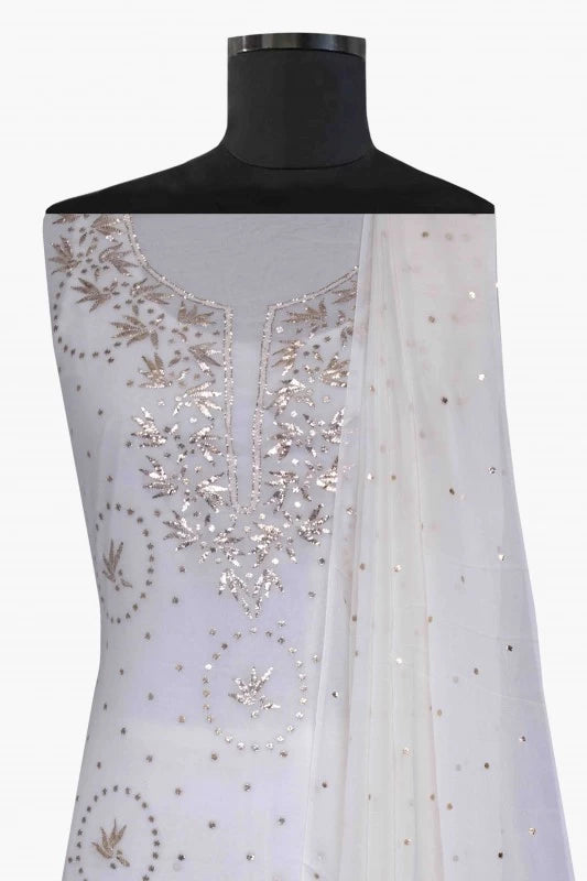 Ada Hand Embroidered White Pure Georgette Lucknowi Chikankari Unstitched Kurta Dupatta Set with Muqaish Work A526494