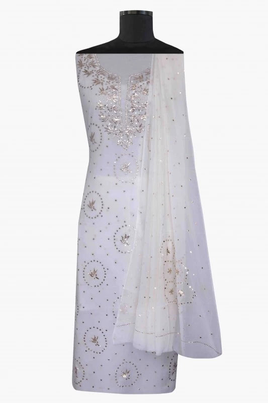 Ada Hand Embroidered White Pure Georgette Lucknowi Chikankari Unstitched Kurta Dupatta Set with Muqaish Work A526494