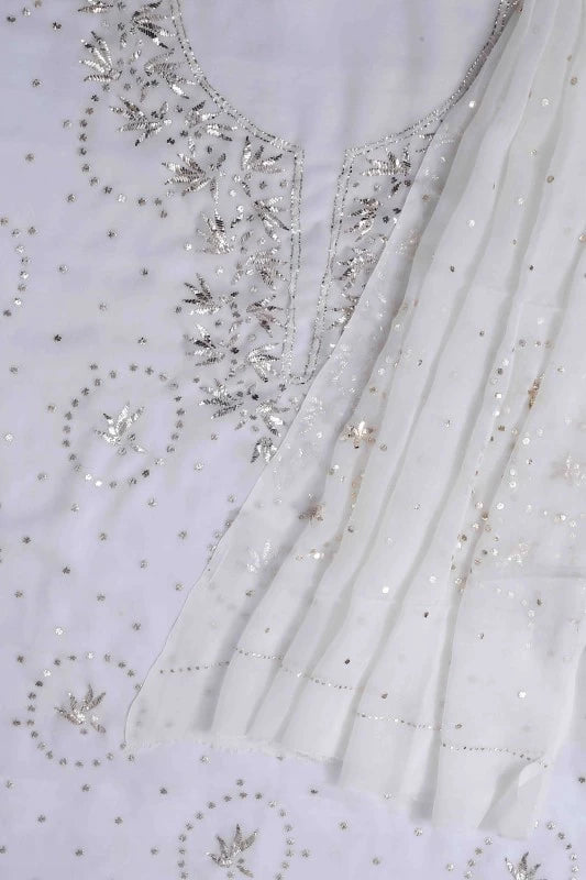 Ada Hand Embroidered White Pure Georgette Lucknowi Chikankari Unstitched Kurta Dupatta Set with Muqaish Work A526494