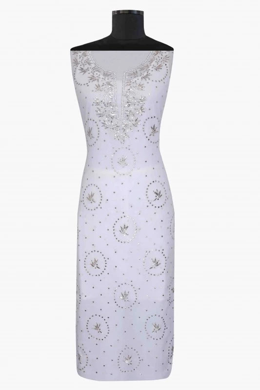 Ada Hand Embroidered White Pure Georgette Lucknowi Chikankari Unstitched Kurta Dupatta Set with Muqaish Work A526494