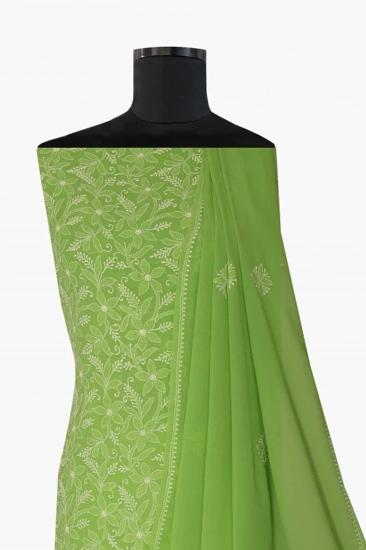 Ada Hand Embroidered Pear Green Georgette Lucknowi Chikankari Unstitched Kurta Dupatta Set A230569