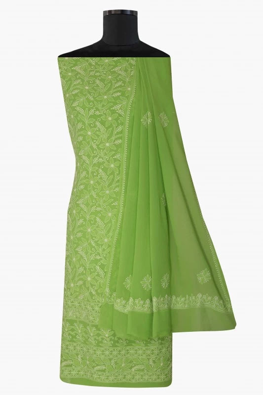 Ada Hand Embroidered Pear Green Georgette Lucknowi Chikankari Unstitched Kurta Dupatta Set A230569
