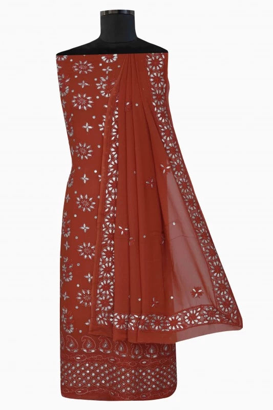 Ada Hand Embroidered Fire Rust Georgette Lucknowi Chikankari Unstitched Kurta Dupatta Set with Gota Patti Work A560173