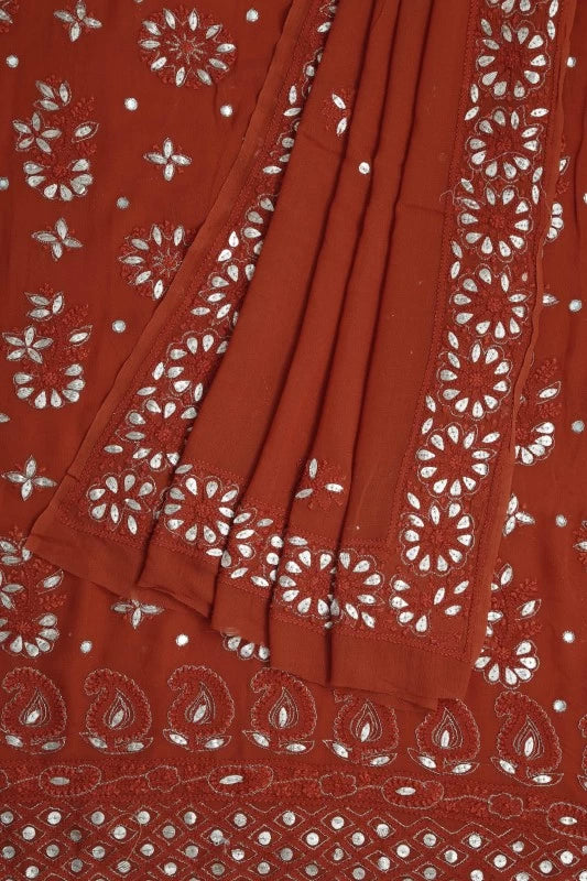 Ada Hand Embroidered Fire Rust Georgette Lucknowi Chikankari Unstitched Kurta Dupatta Set with Gota Patti Work A560173