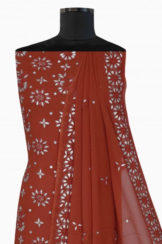 Ada Hand Embroidered Fire Rust Georgette Lucknowi Chikankari Unstitched Kurta Dupatta Set with Gota Patti Work A560173