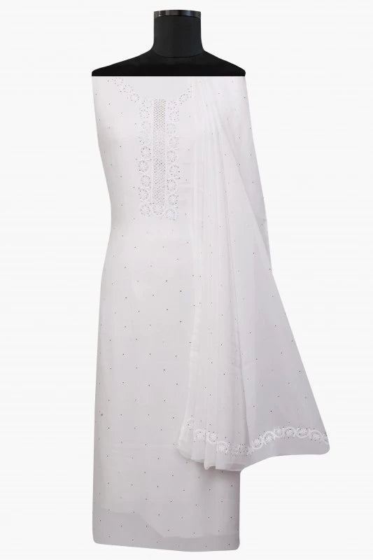 Ada Hand Embroidered White Georgette Lucknowi Chikankari Unstitched Kurta Dupatta Set with Muqaish Work A502347