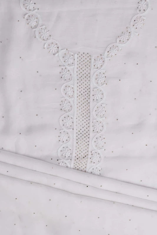 Ada Hand Embroidered White Georgette Lucknowi Chikankari Unstitched Kurta Dupatta Set with Muqaish Work A502347