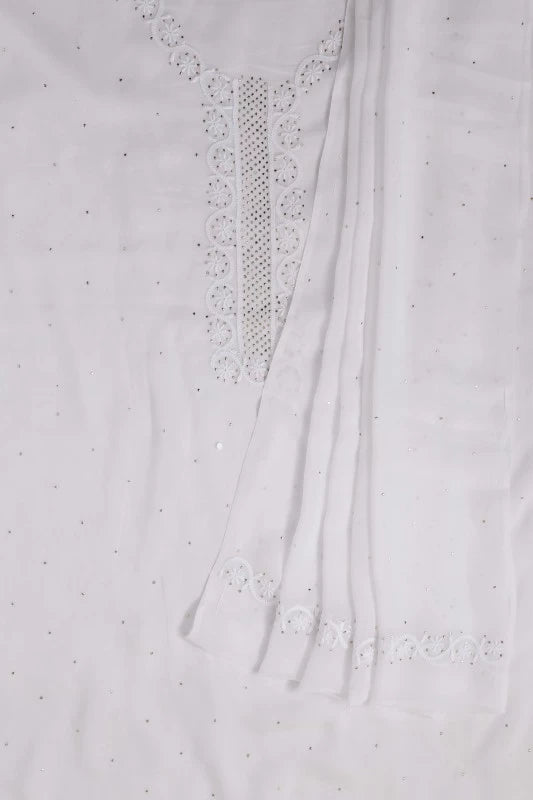 Ada Hand Embroidered White Georgette Lucknowi Chikankari Unstitched Kurta Dupatta Set with Muqaish Work A502347