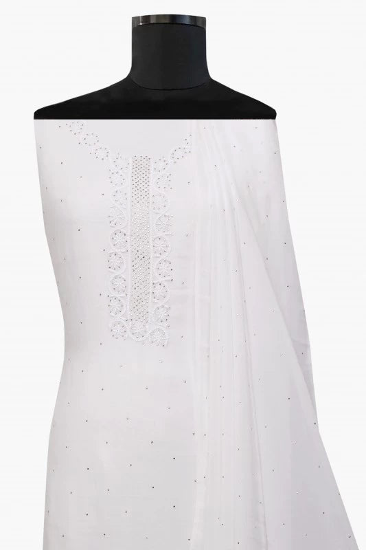 Ada Hand Embroidered White Georgette Lucknowi Chikankari Unstitched Kurta Dupatta Set with Muqaish Work A502347