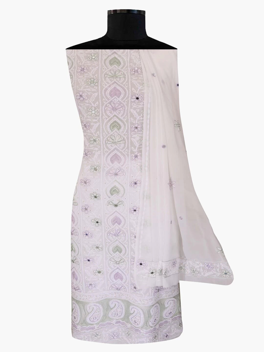 Ada Hand Embroidered White Georgette Lucknowi Chikankari Unstitched Kurta Dupatta Set With Sequinned Work 01A63067