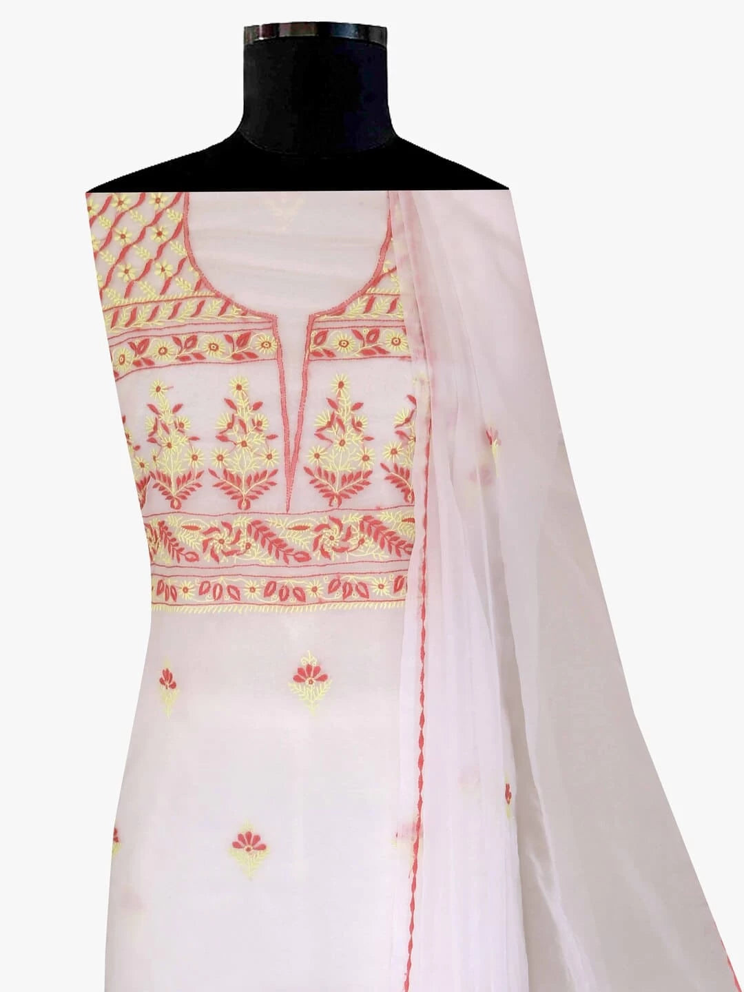 Ada Hand Embroidered White Organza Lucknowi Chikankari Unstitched Kurta Dupatta Set  01A103147