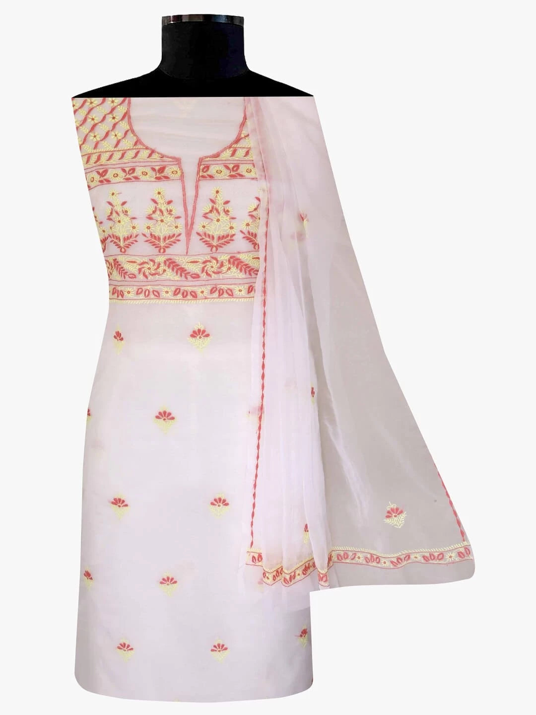Ada Hand Embroidered White Organza Lucknowi Chikankari Unstitched Kurta Dupatta Set  01A103147
