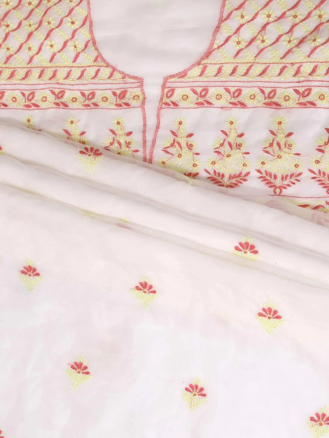 Ada Hand Embroidered White Organza Lucknowi Chikankari Unstitched Kurta Dupatta Set  01A103147