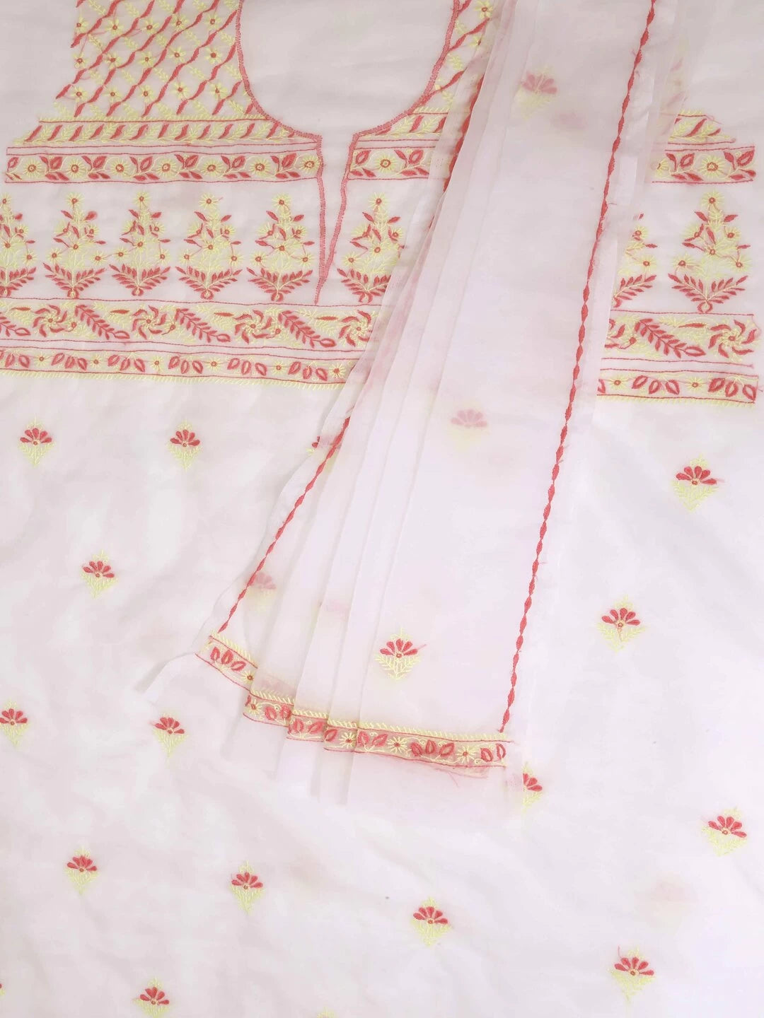 Ada Hand Embroidered White Organza Lucknowi Chikankari Unstitched Kurta Dupatta Set  01A103147