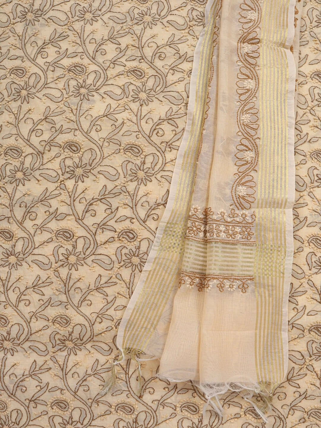 Ada Hand Embroidered Fawn Chanderi Lucknowi Chikankari Unstitched Kurta Dupatta Set 01A15714