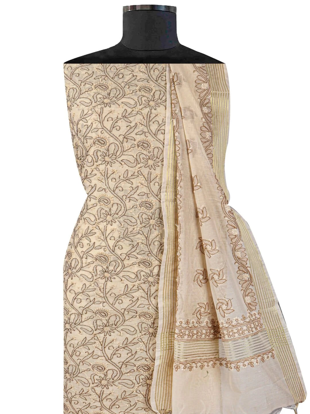 Ada Hand Embroidered Fawn Chanderi Lucknowi Chikankari Unstitched Kurta Dupatta Set 01A15714
