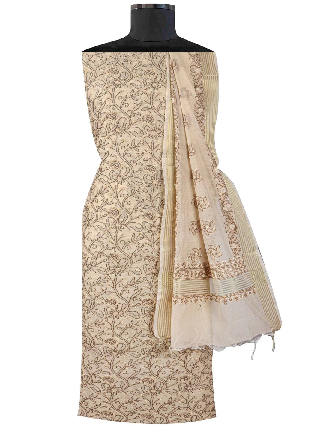 Ada Hand Embroidered Fawn Chanderi Lucknowi Chikankari Unstitched Kurta Dupatta Set 01A15714